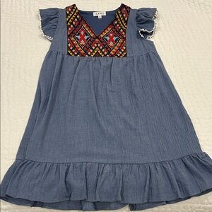 THML Denim-Blue Embroidered V-Neck Dress